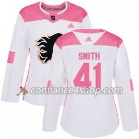 Adidas Maillot de Hockey Calgary Flames Mike Smith 41 2017-2018 Blanc Rose Fashion Authentic - Femme